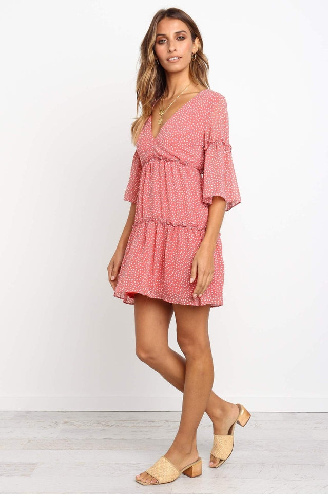 V-Neck Polka Dot Boho Mini Dress