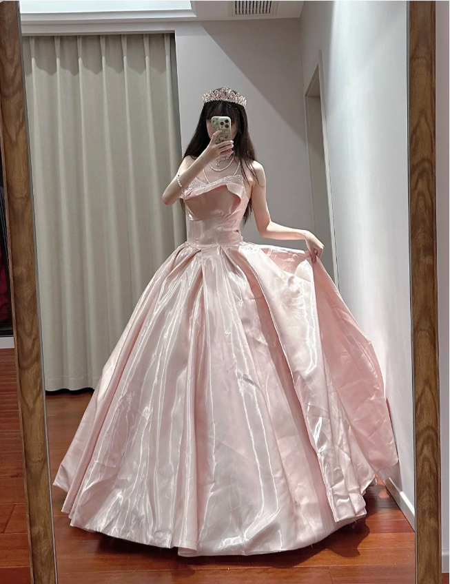 Princess Pink Strapless Ruffled Neck Satin Floor-Length Ball Gown Evening Gown 16th Birthday Gown P4110