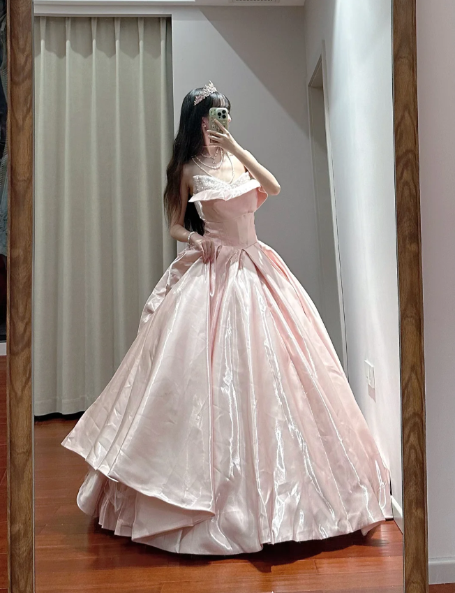 Princess Pink Strapless Ruffled Neck Satin Floor-Length Ball Gown Evening Gown 16th Birthday Gown P4110