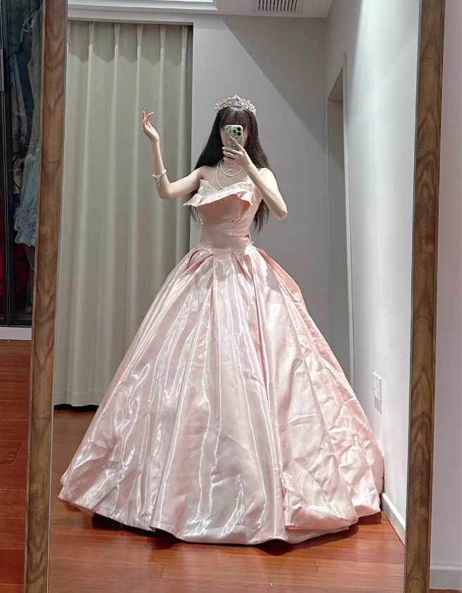 Princess Pink Strapless Ruffled Neck Satin Floor-Length Ball Gown Evening Gown 16th Birthday Gown P4110