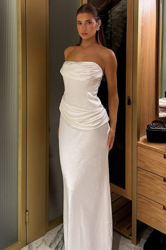 Solid Satin Ruched Slim Strapless Formal Dress