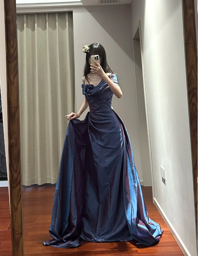 Retro Elegant Blue-Purple Off-Shoulder Hand-Pleated Satin Prom Dress Evening Dress P4111