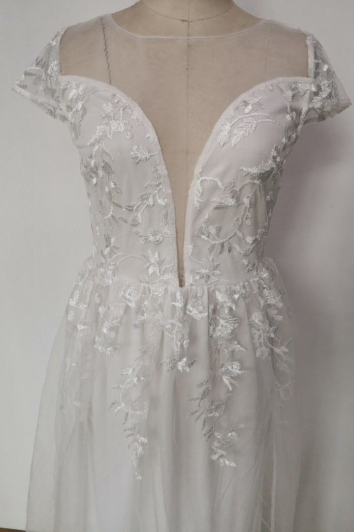 White V-neck See Through Tulle Dress