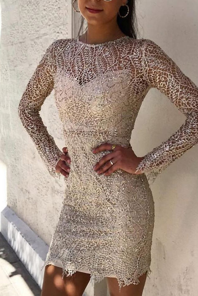 Sequin Lace Round Neck Long Sleeve Bodycon Mini Dress