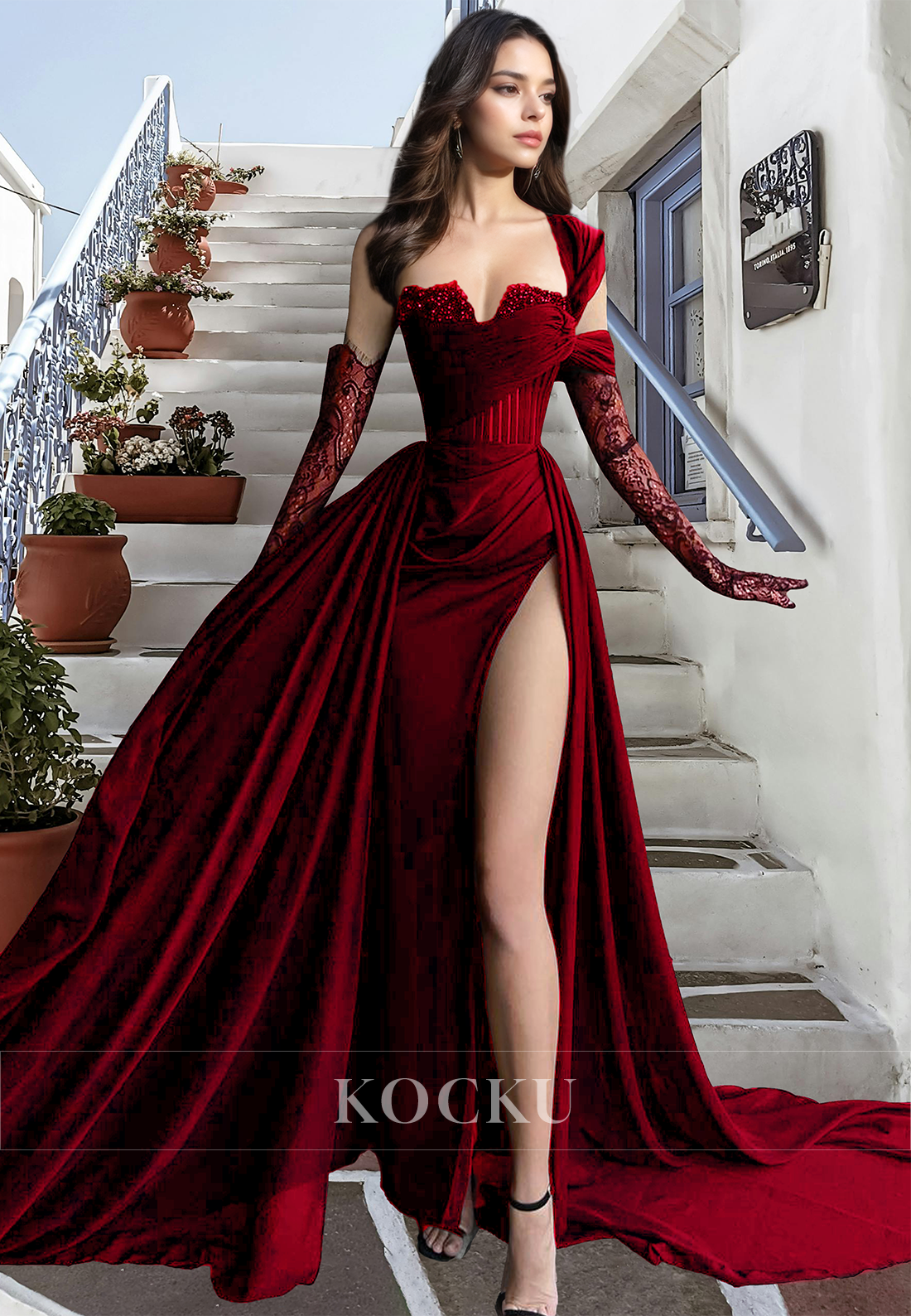 Chic & Modern One Shoulder Sweetheart Sheath Pleats Chiffon Evening Party Prom Dress with Long Gloves