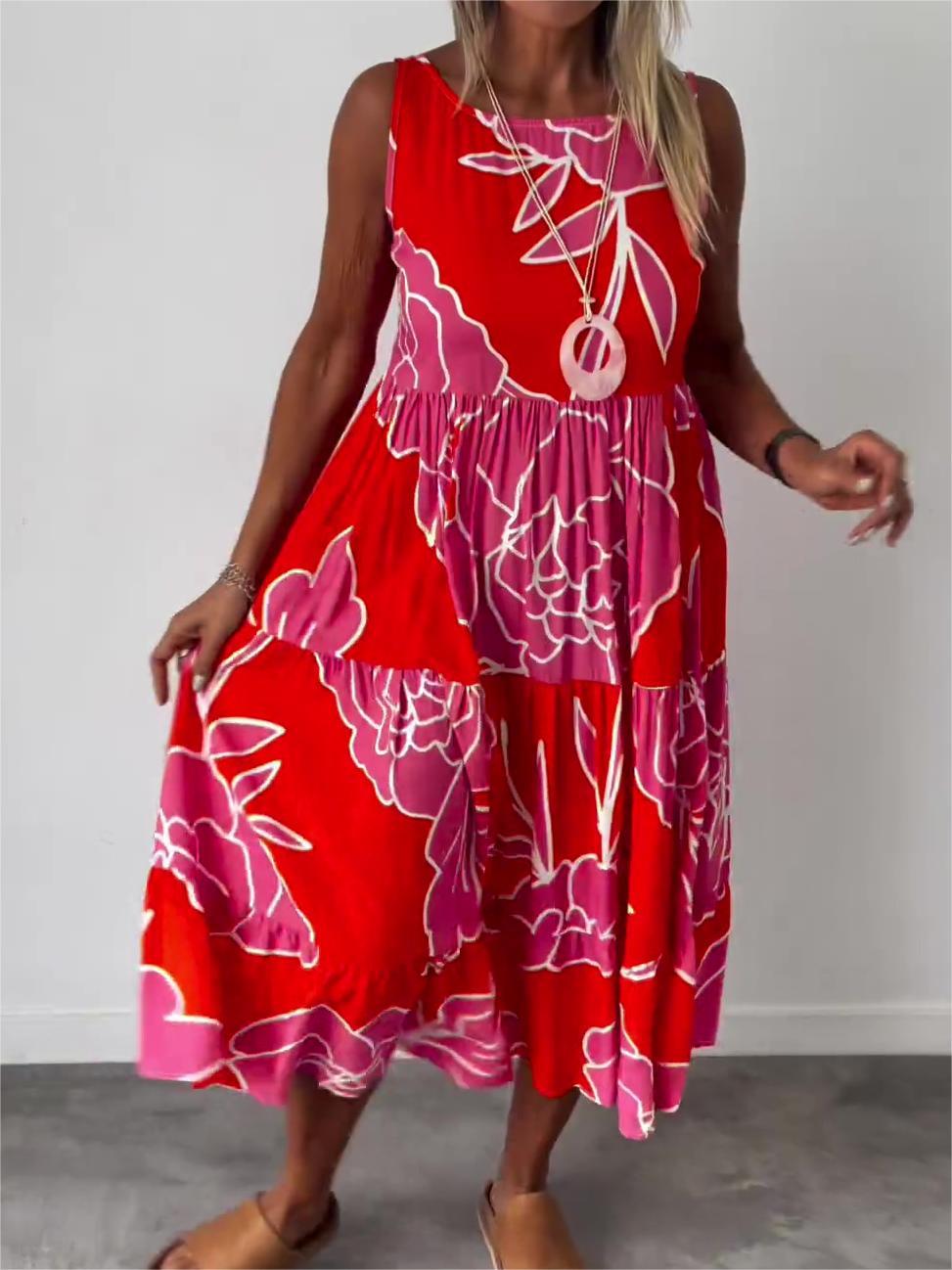 Floral Print Sleeveless Round Neck Tiered Relaxed Midi Dress - View 4