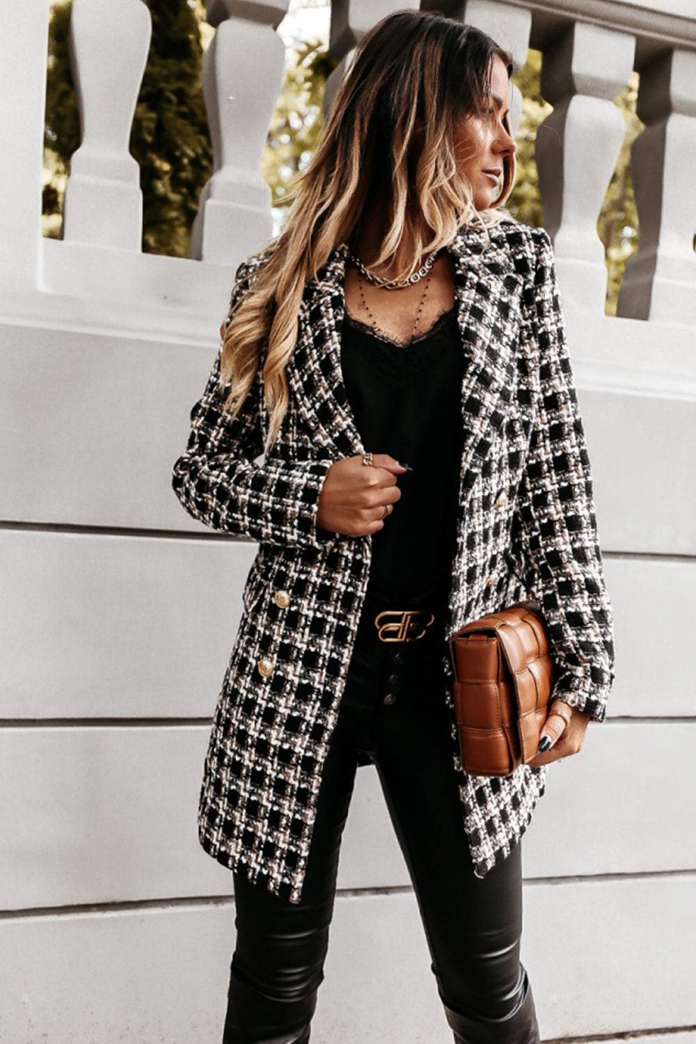 Elegant Woolen Print Mid-Length Lapel Coat for Stylish Wear