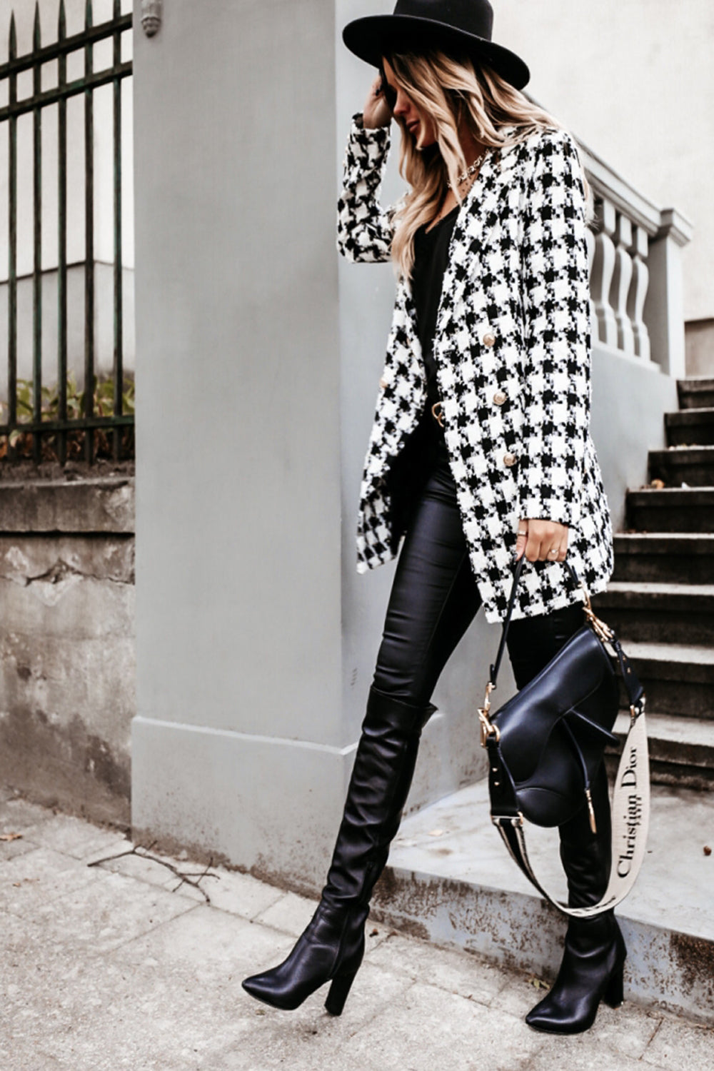 Elegant Woolen Print Mid-Length Lapel Coat for Stylish Wear