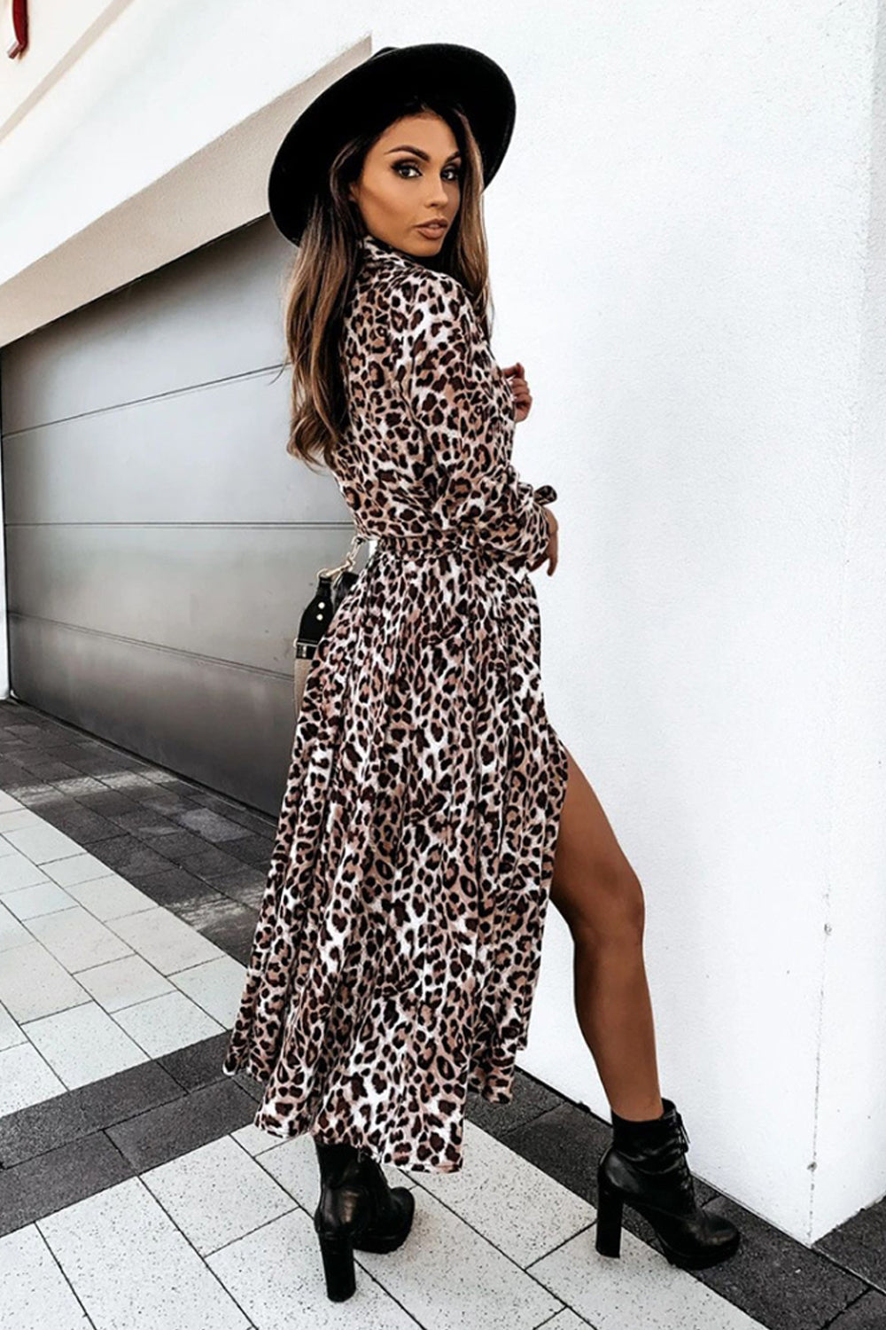 Long Sleeve Leopard Printed Dress - Fashionpara