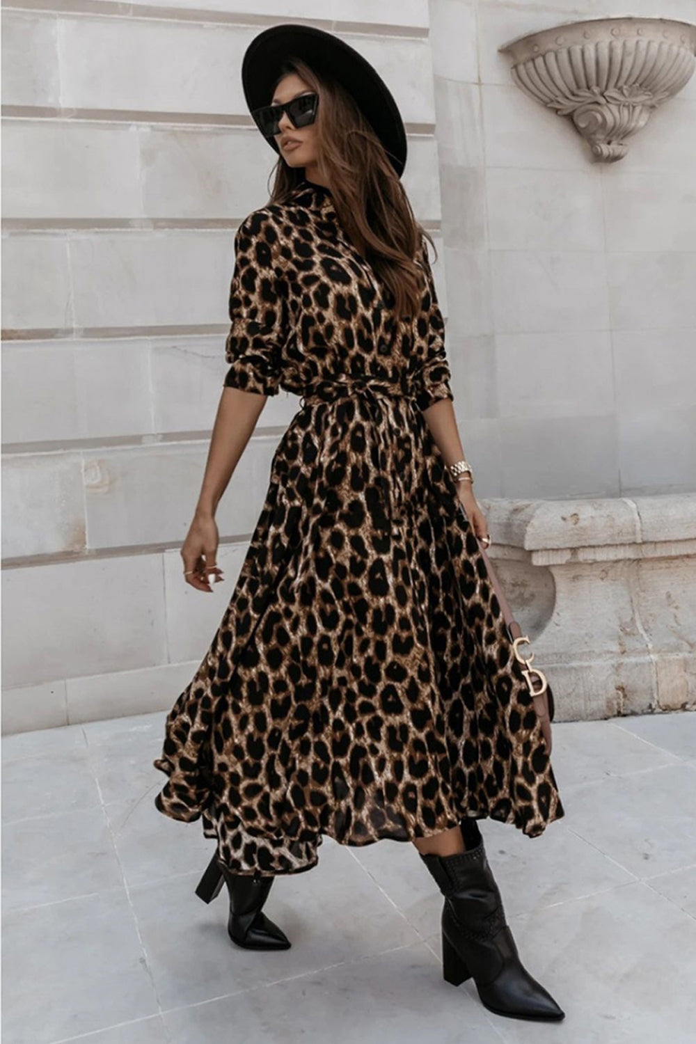 Long Sleeve Leopard Printed Dress - Fashionpara