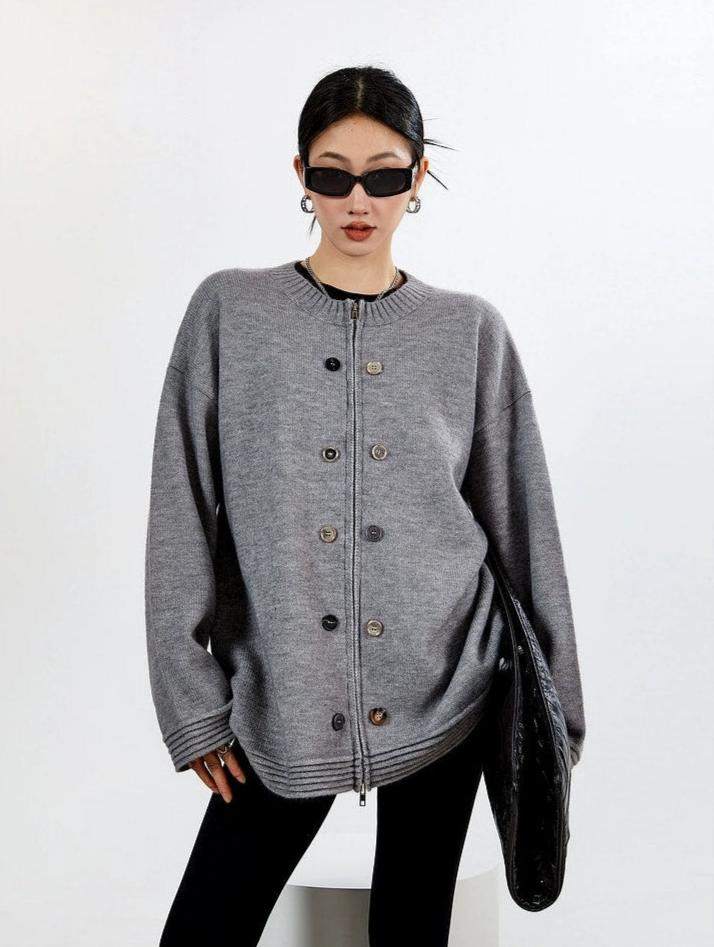 Ribbed Trim Oversized Button Zip Knit Cardigan