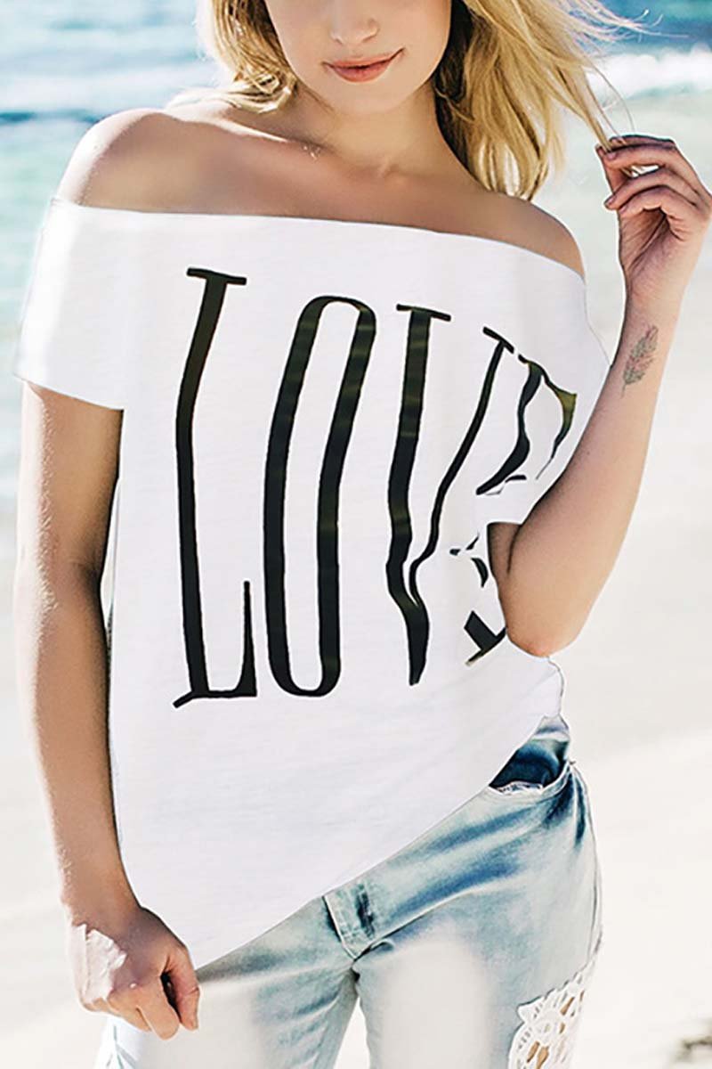 Florcoo Daily Love Print Off Shoulder T-shirt