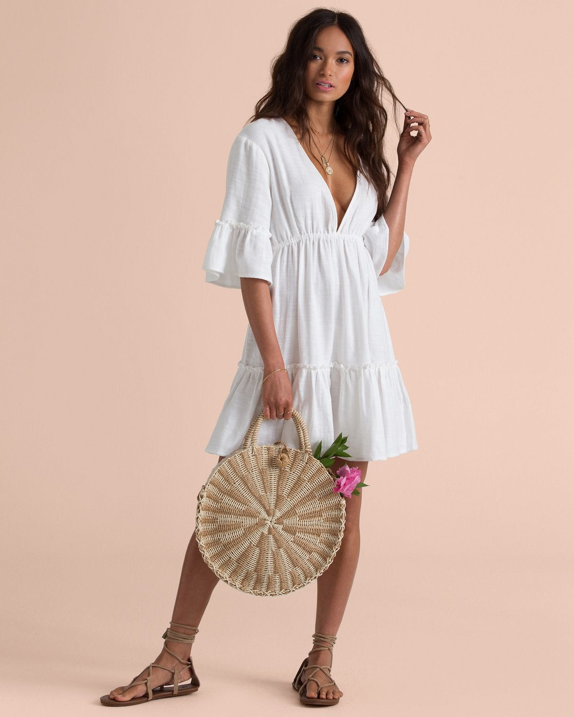 V-Neck Bell Sleeve Tiered Mini Dress