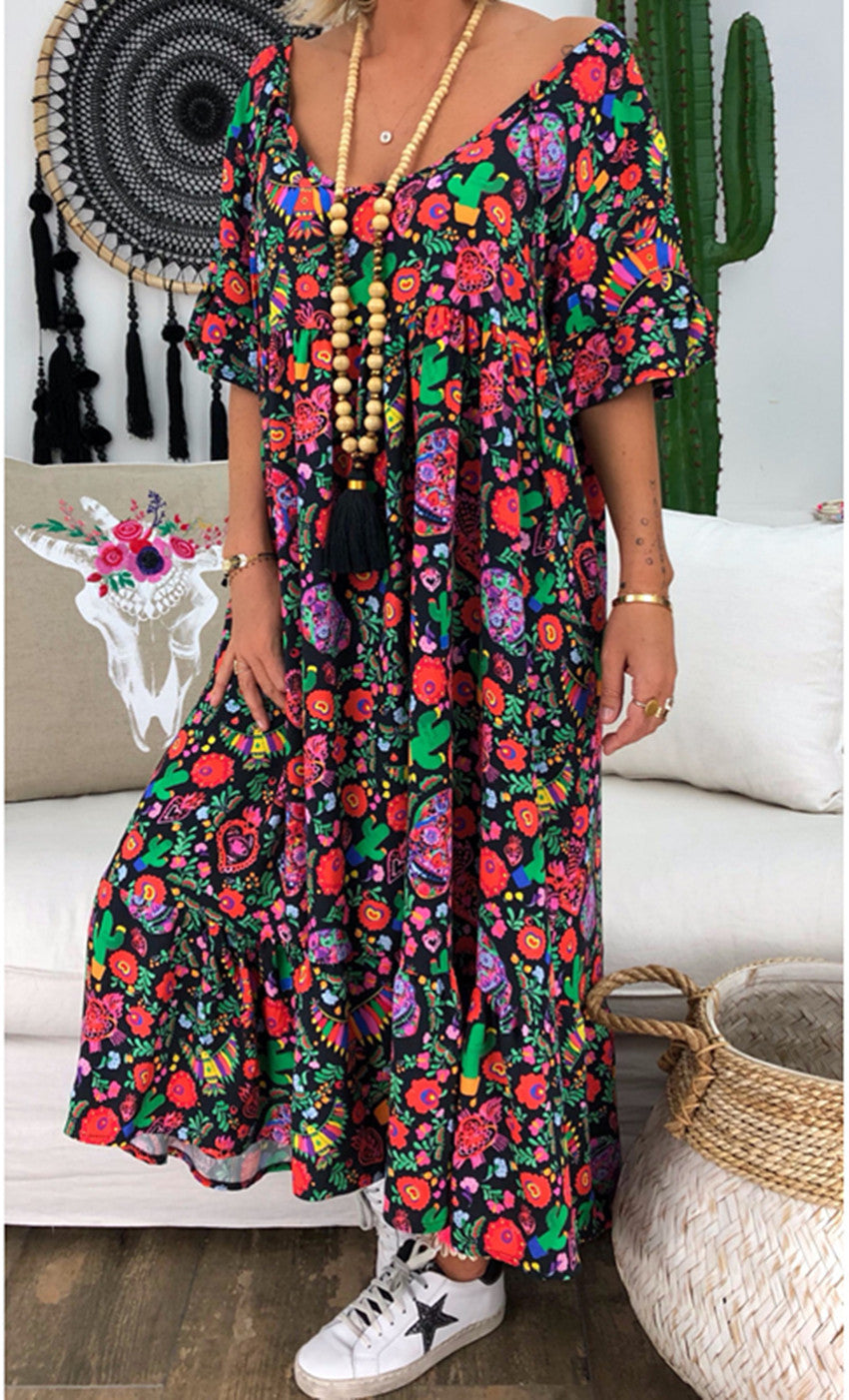 Floral Print V-Neck Short Sleeve Tiered Maxi Dress