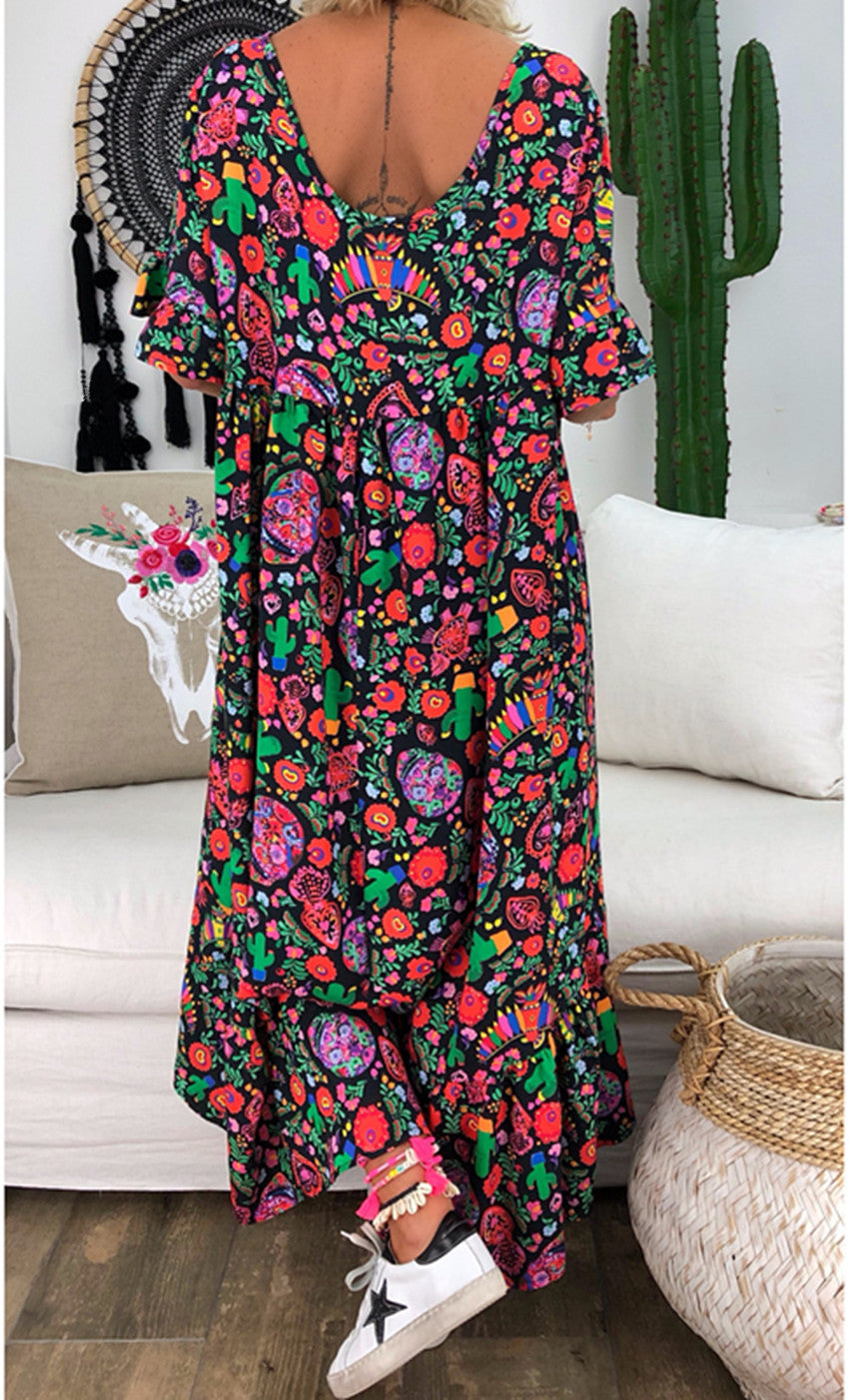 Floral Print V-Neck Short Sleeve Tiered Maxi Dress