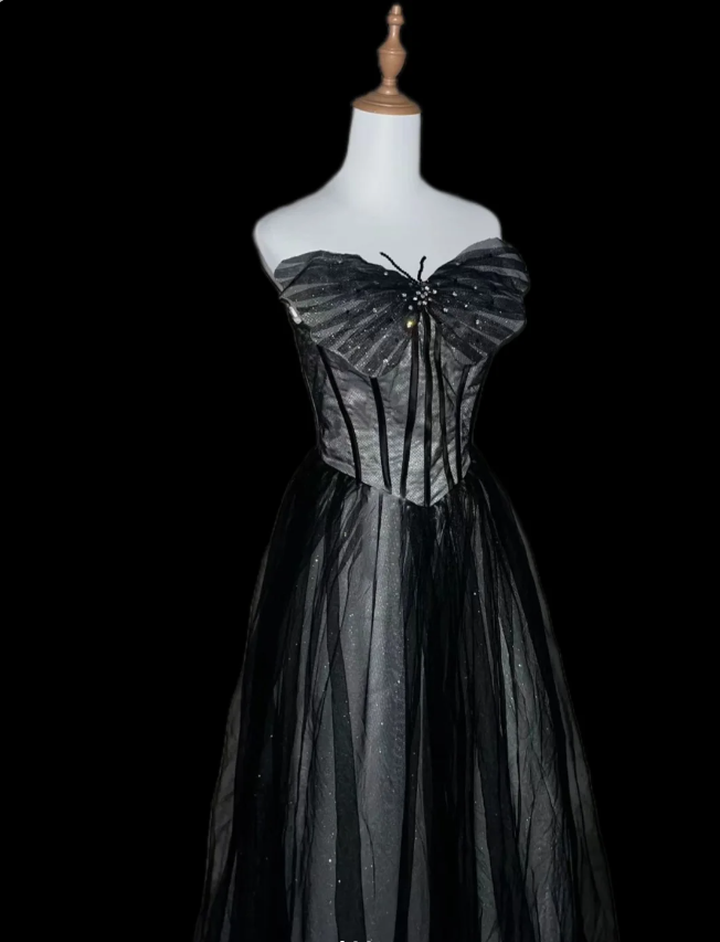 Dreamy Black A-line Strapless Butterfly Tulle Long Ball Gown/Evening Dress P4113