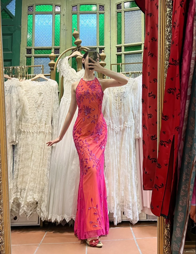 Retro Orange-Pink Mermaid Halter Neck Backless Beaded Tulle Long Prom Dress Evening Dress P4114