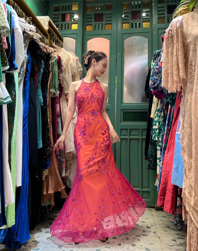 Retro Orange-Pink Mermaid Halter Neck Backless Beaded Tulle Long Prom Dress Evening Dress P4114