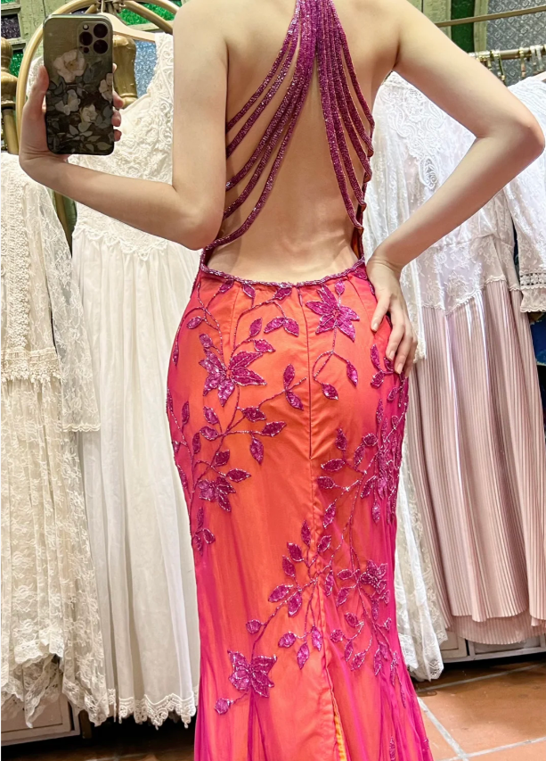 Retro Orange-Pink Mermaid Halter Neck Backless Beaded Tulle Long Prom Dress Evening Dress P4114