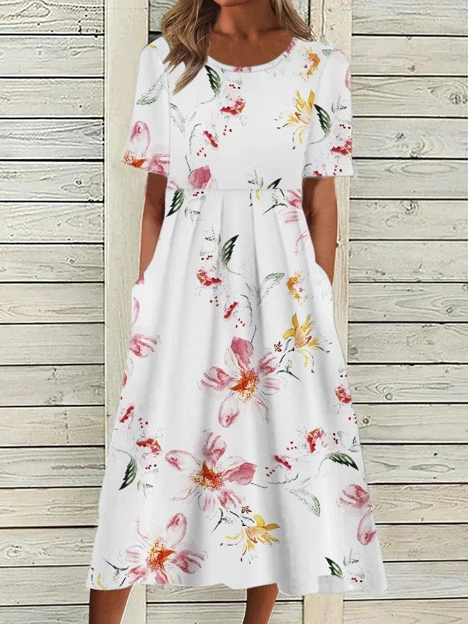 Floral Round Neck Short Sleeve Fit and Flare Midi Dress 10