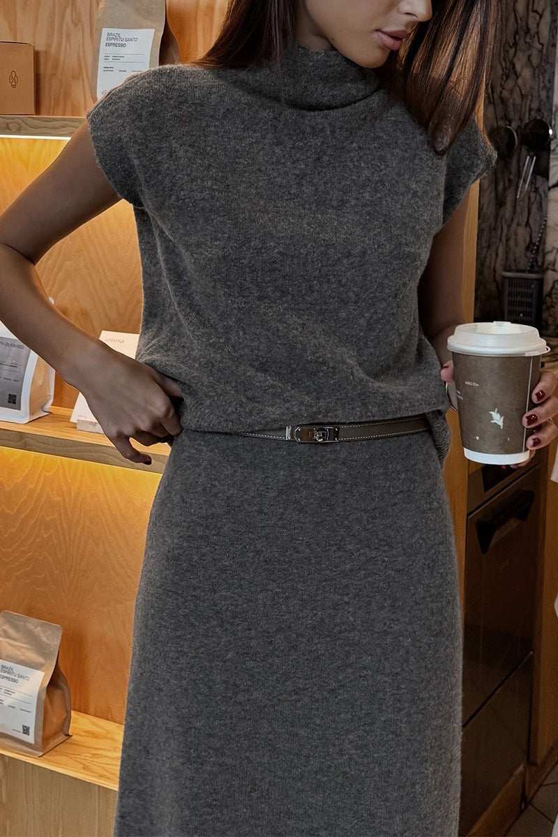 High Neck Short Sleeve Knit Top Midi Skirt Set
