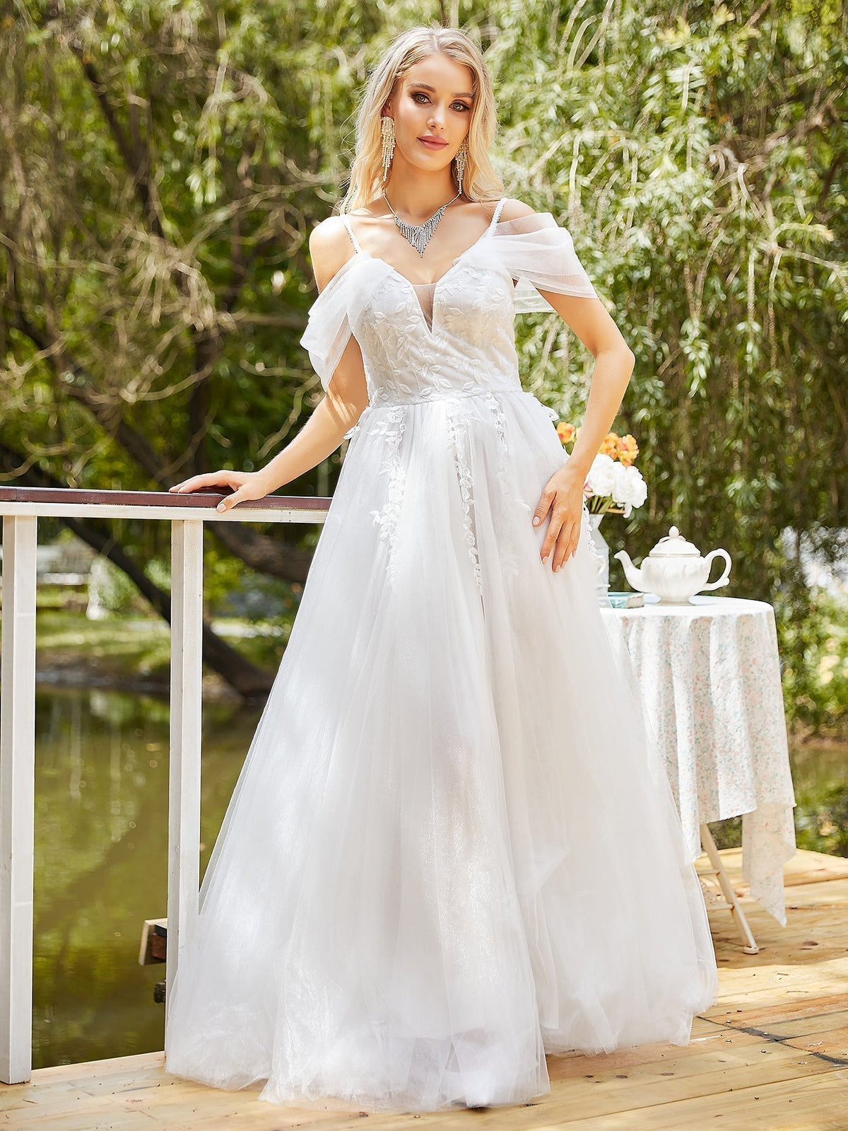 Lace Deep V-Neck Off Shoulder Tulle A-Line Maxi Gown