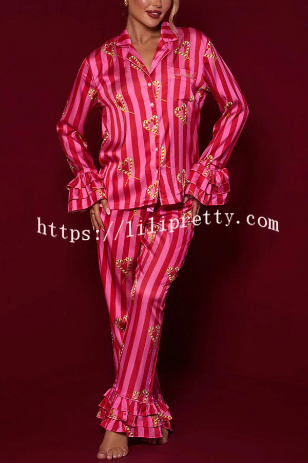 Festive Season Long Candy Stripe Tiered Bell Cuffs Elastic Waist Pocketed Pajama Set - Fashionpara