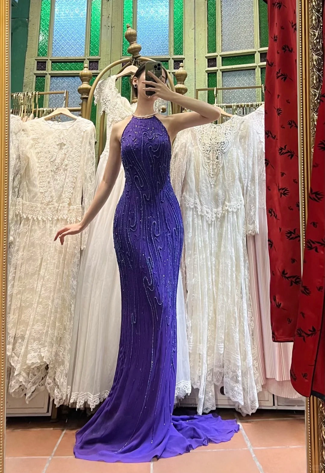 Vintage Deep Purple Mermaid Halter Neck Backless Beaded Chiffon Prom Dress Evening Dress P4115
