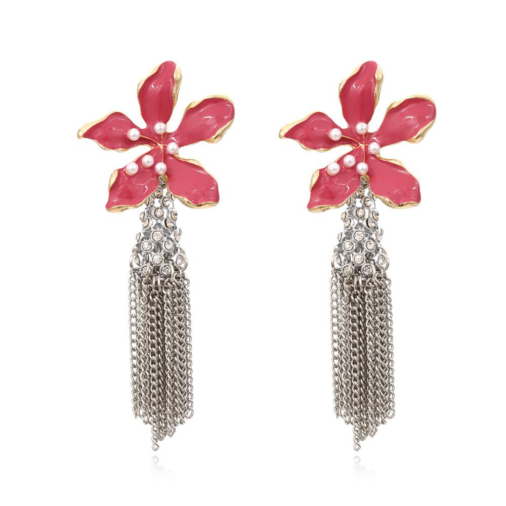 Rhinestone Pearl Flower Tassel Earrings