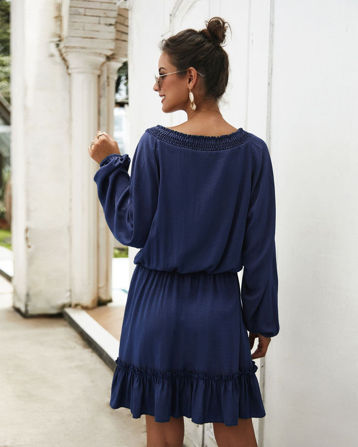 V-Neck Long Sleeve Smocked Waist Ruffle Mini Dress