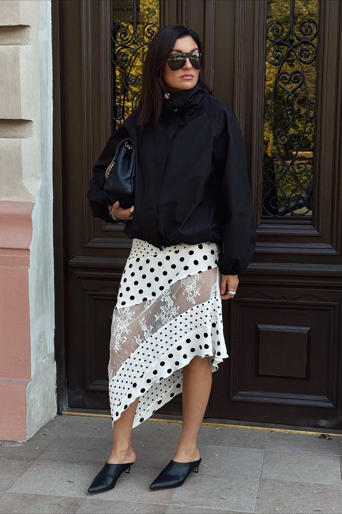 Asymmetric Polk Dots Lace Midi Skirt