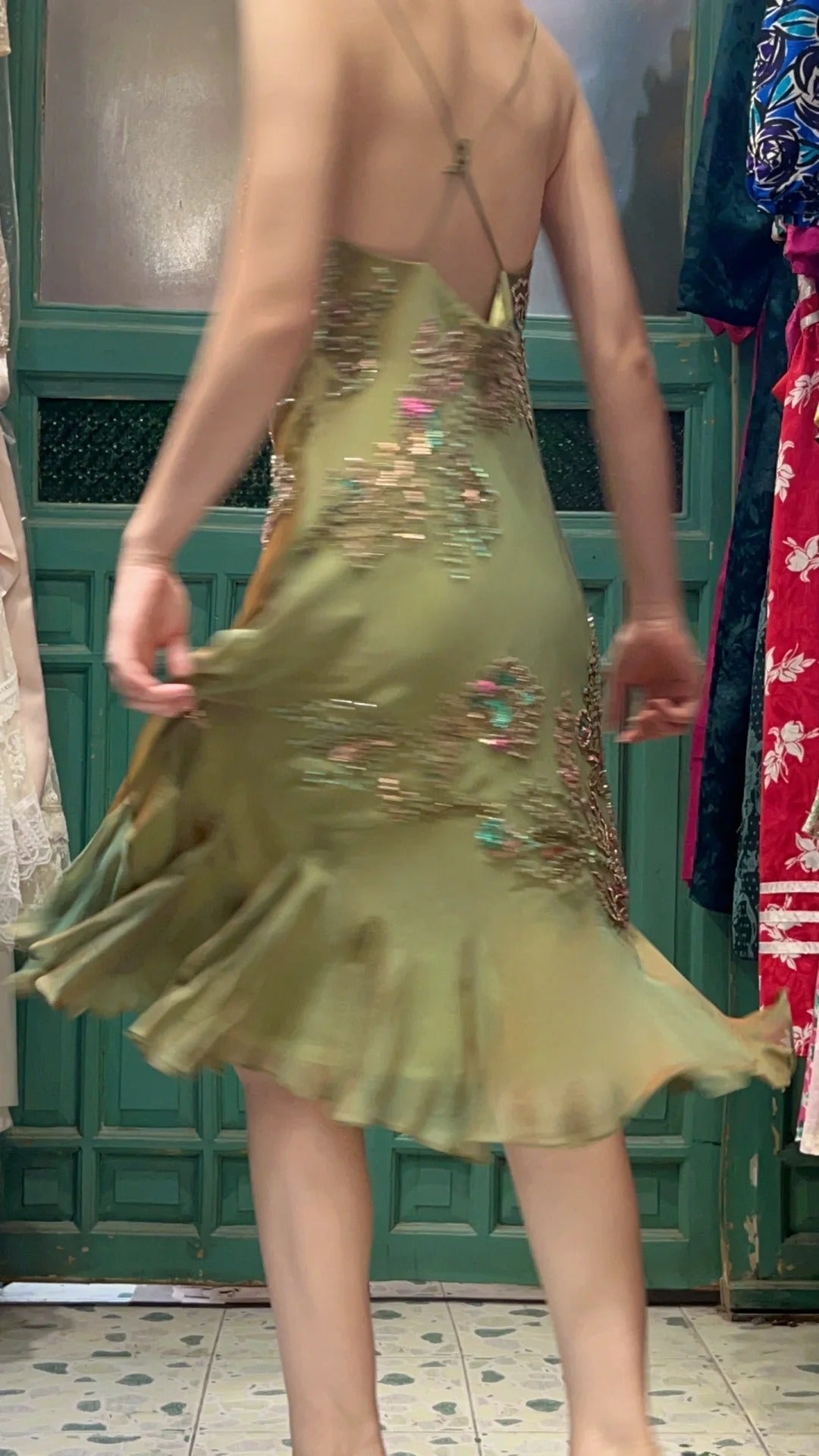 Retro Elegant Olive Green Deep V Backless Cross-Beaded Chiffon Long Prom Dress Evening Dress P4116