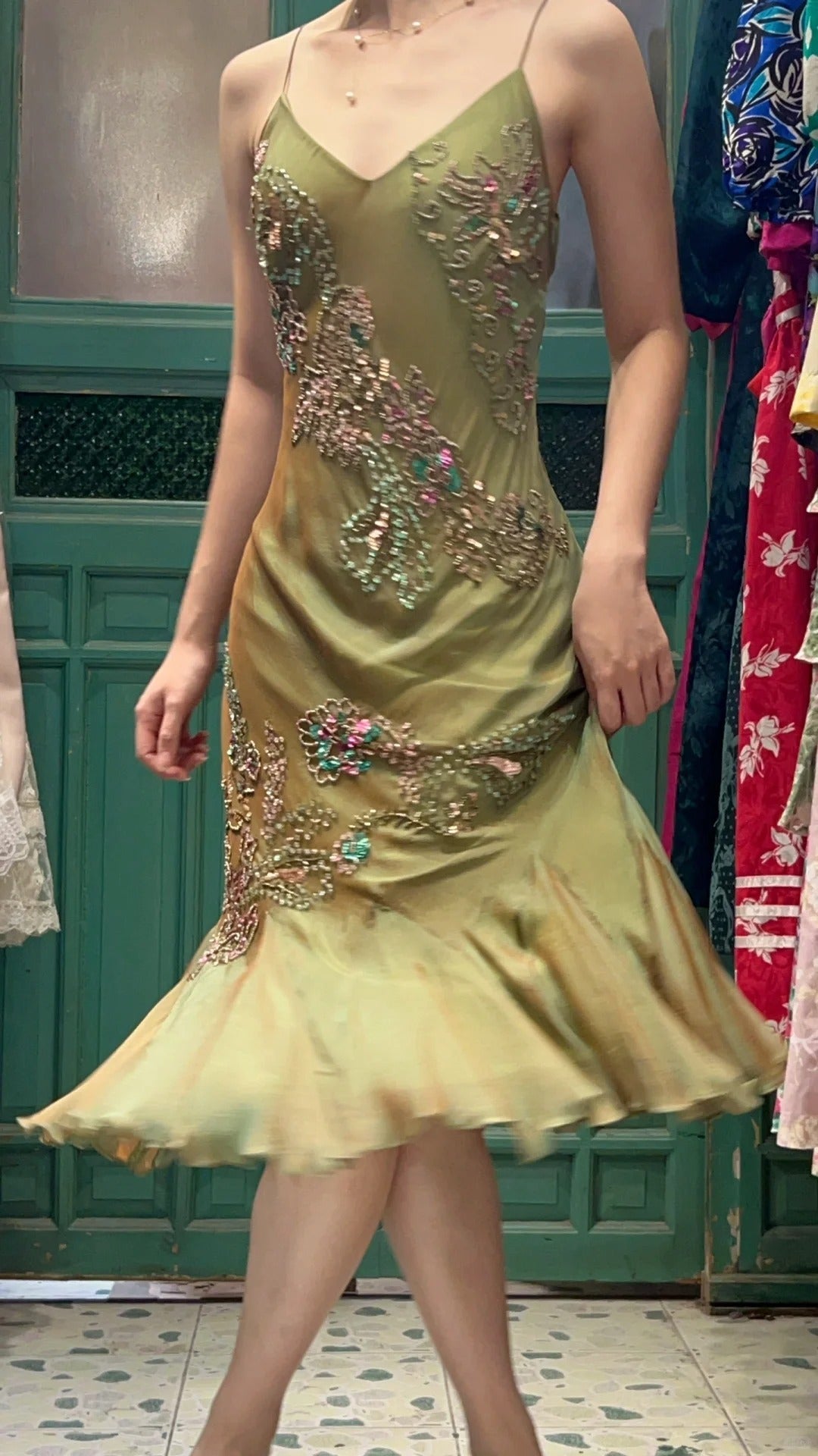 Retro Elegant Olive Green Deep V Backless Cross-Beaded Chiffon Long Prom Dress Evening Dress P4116