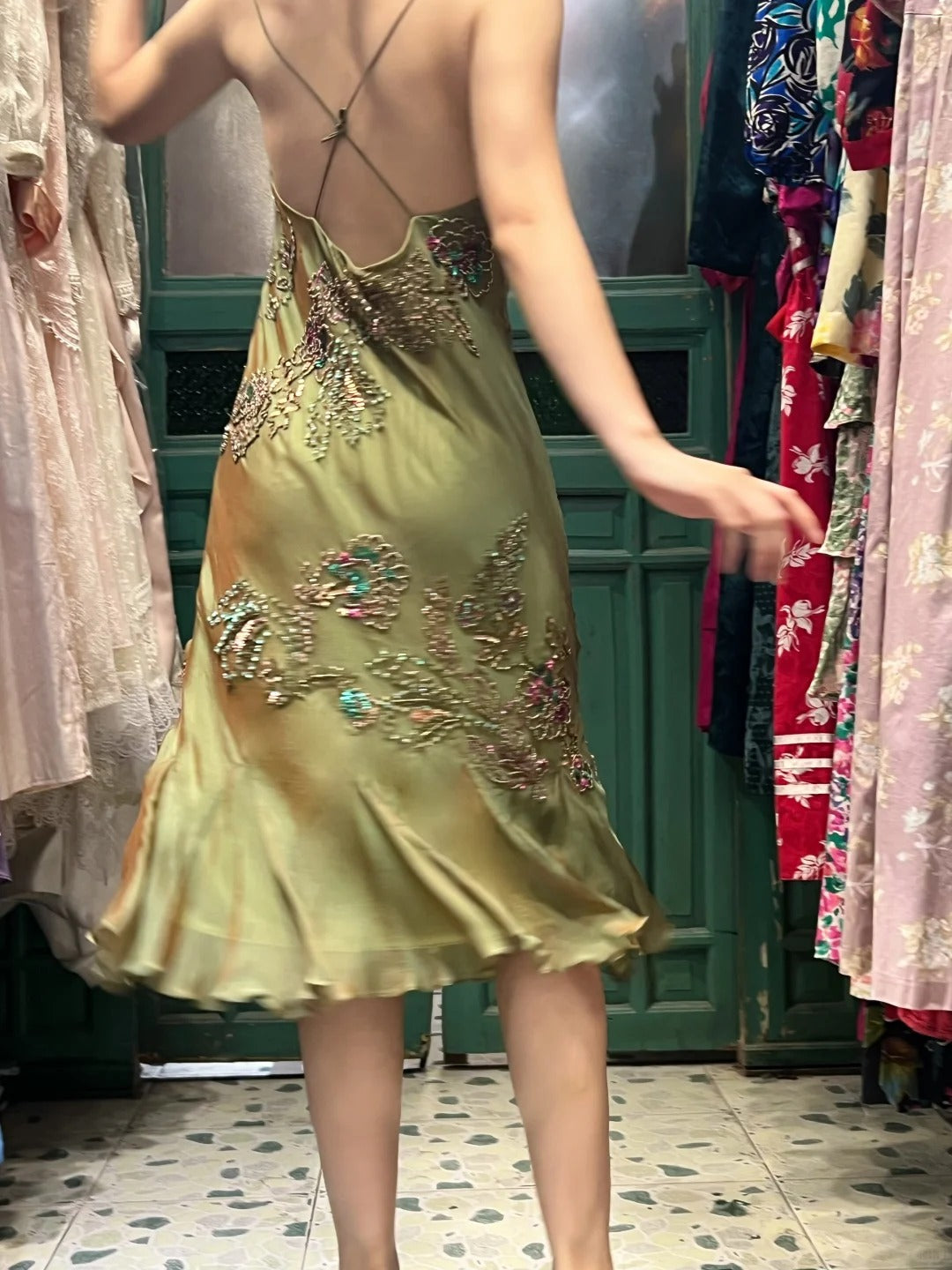 Retro Elegant Olive Green Deep V Backless Cross-Beaded Chiffon Long Prom Dress Evening Dress P4116