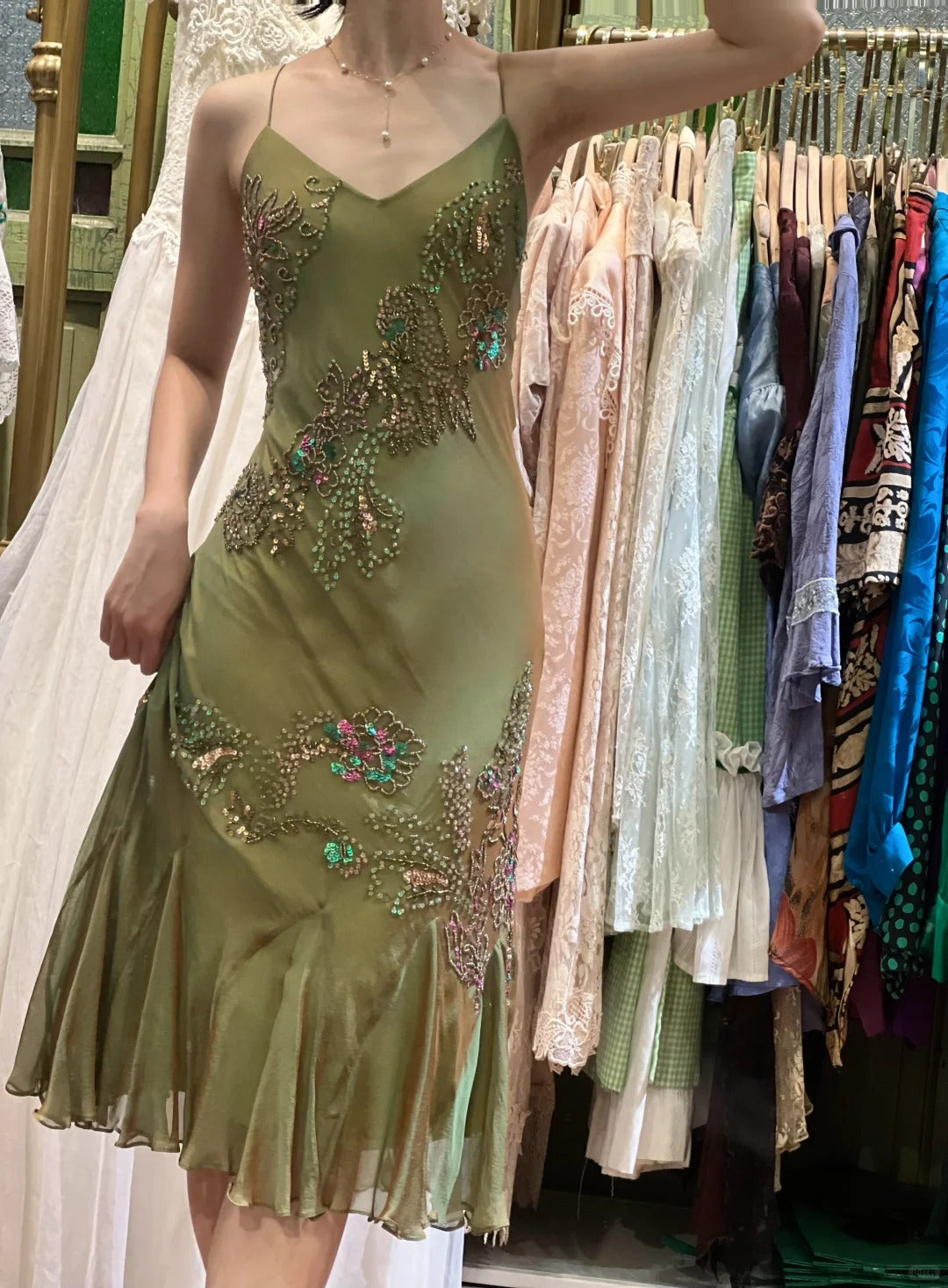 Retro Elegant Olive Green Deep V Backless Cross-Beaded Chiffon Long Prom Dress Evening Dress P4116