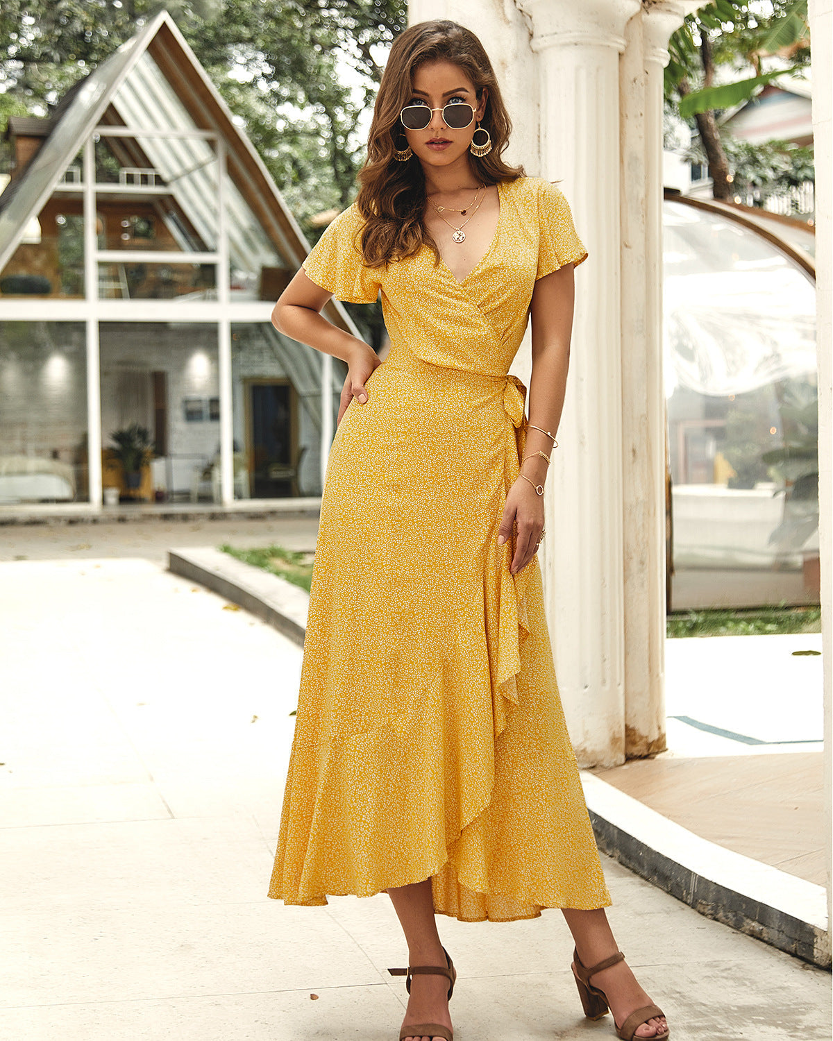 Floral Print V-Neck Flutter Sleeve Wrap Maxi Dress
