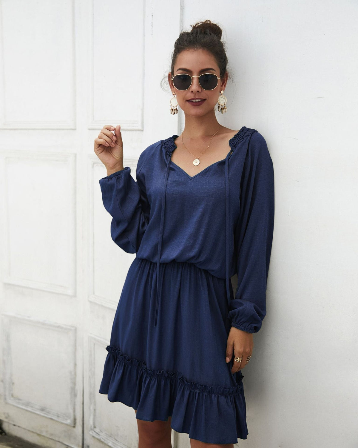 V-Neck Long Sleeve Smocked Waist Ruffle Mini Dress