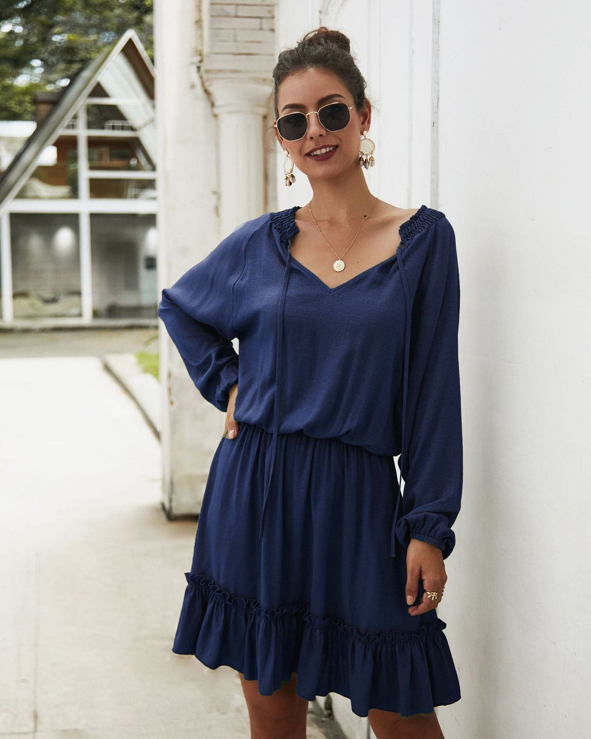 V-Neck Long Sleeve Ruffle Hem Mini Dress