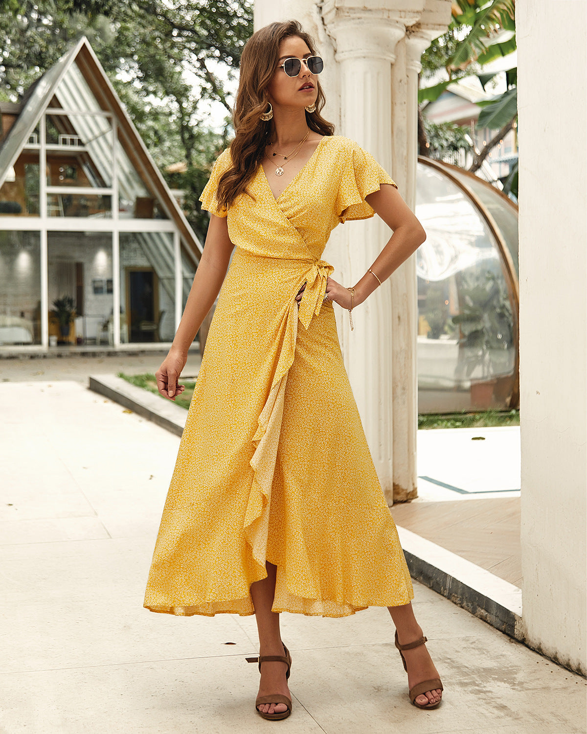 Floral Print V-Neck Flutter Sleeve Wrap Maxi Dress