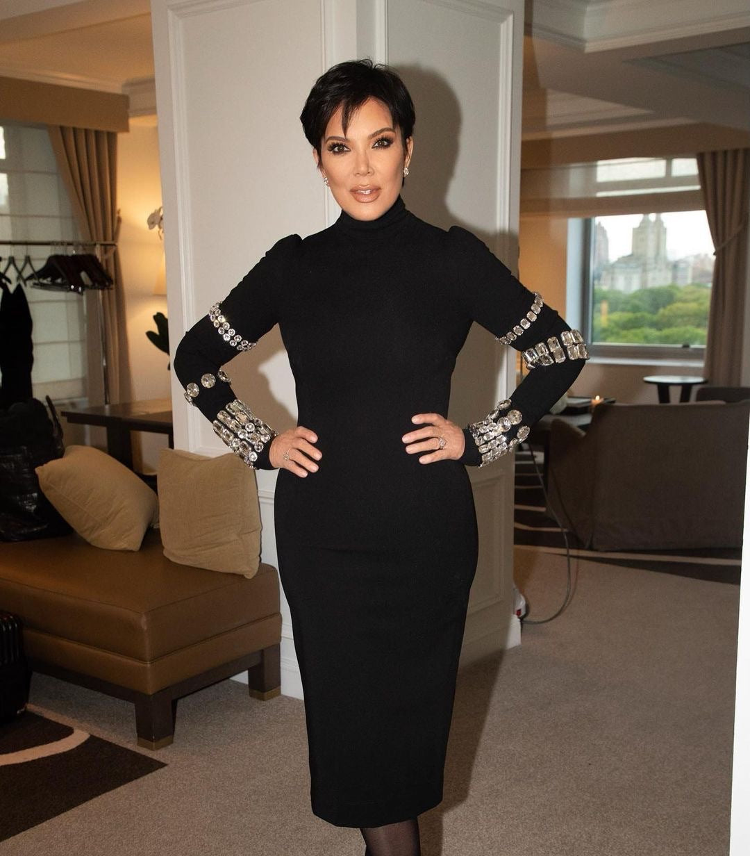 Black Rhinestone Long Sleeve Turtleneck Knit Bandage Dress