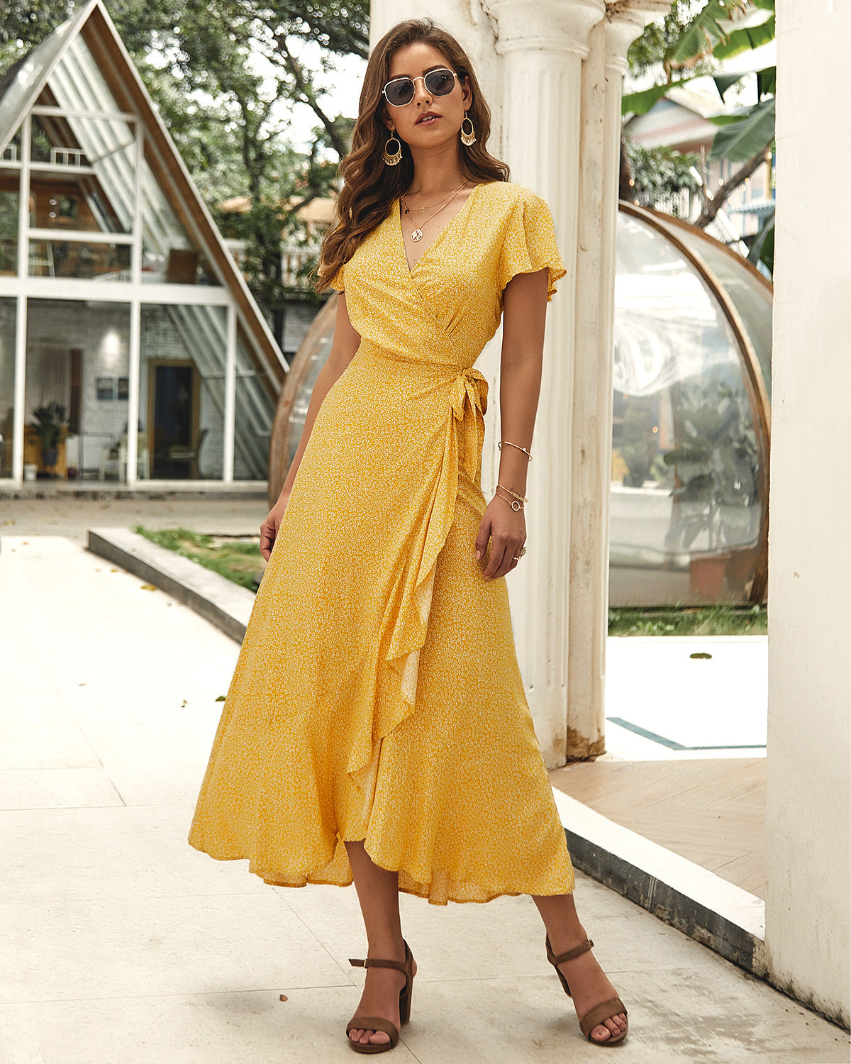 Floral Print V-Neck Flutter Sleeve Wrap Maxi Dress