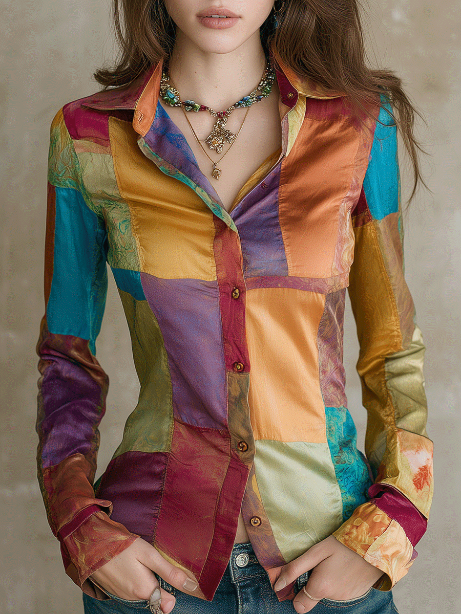 Vintage Bohemian Colorblock Satin Blouse