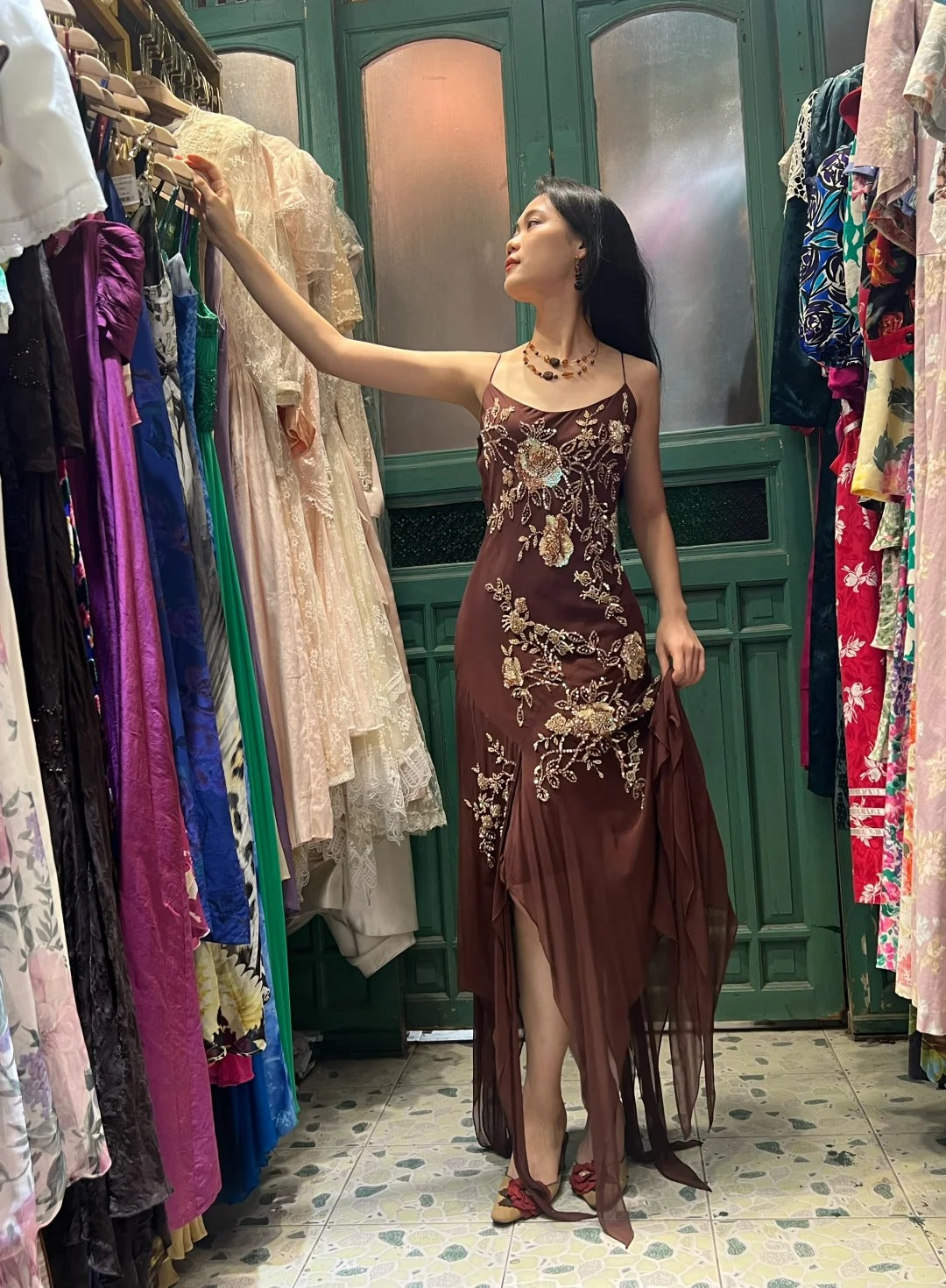 Vintage Brown Irregular Strap Beaded Sequined Prom Dress Evening Dress P4117