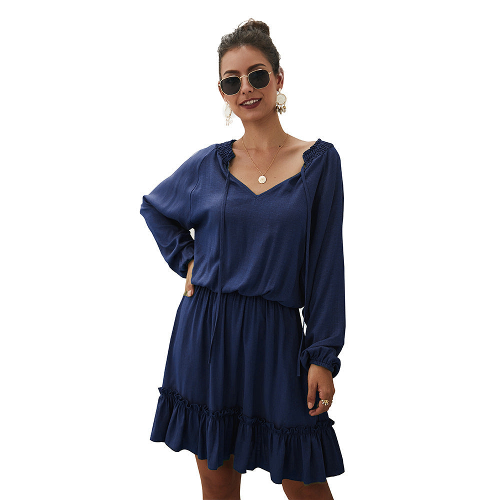 V-Neck Long Sleeve Smocked Waist Ruffle Mini Dress