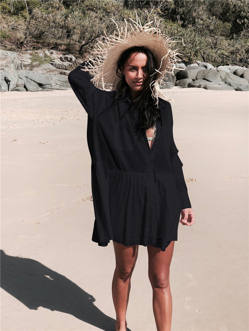 Collared Long Sleeve Button Front Cover-Up Mini Dress