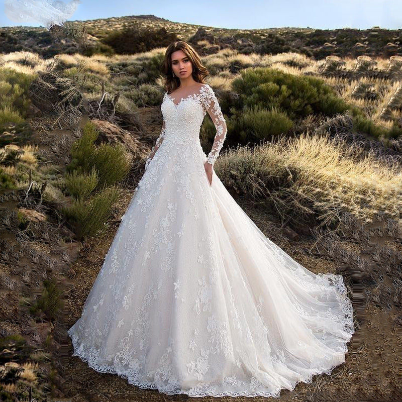 Long Sleeve Solid Color See through Lace Bridal Wedding Dress