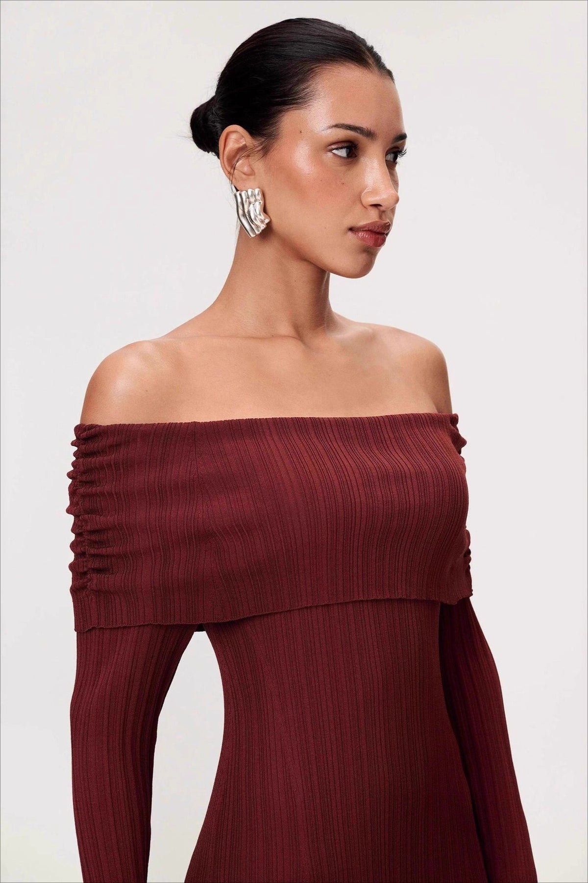 Ribbed Knit Off-Shoulder Long Sleeve Bodycon Maxi Dress