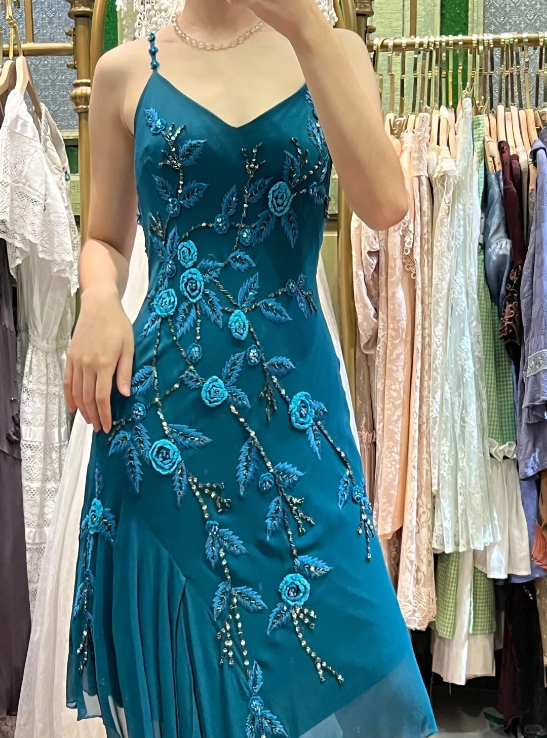 Retro Elegant Peacock Blue Irregular Deep V Halter Embroidered Chiffon Prom Dress Evening Dress P4119