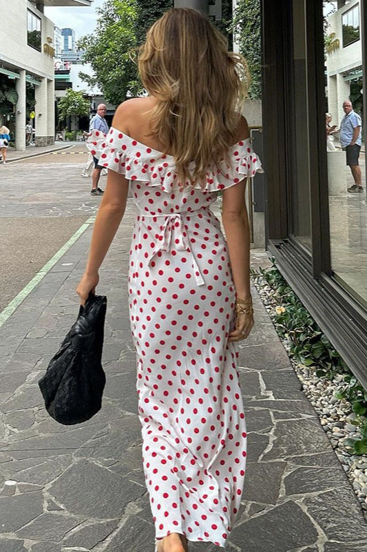 Polka Dot Off-Shoulder Ruffle Neck A-Line Midi Dress