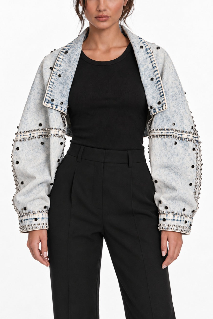 Rhinestone Studded Cropped Denim Jacket 2